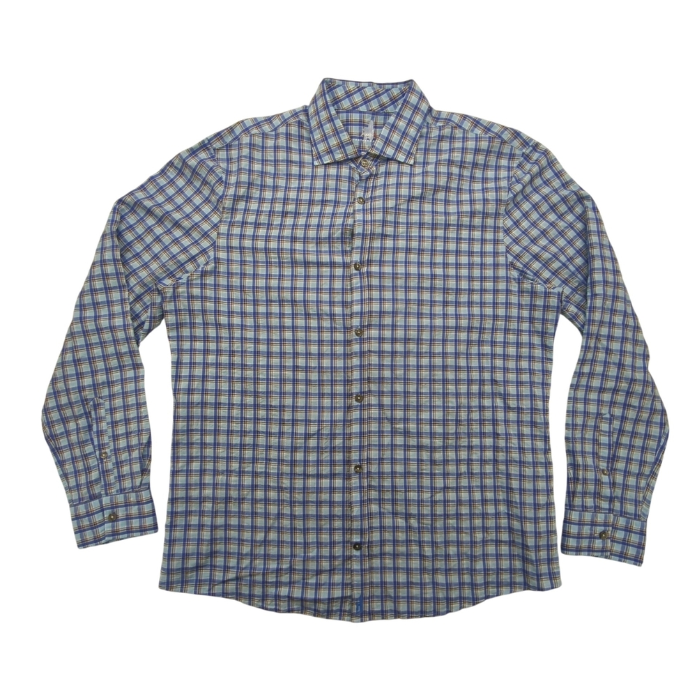 Johnnie-O Featherweight Shirt Mens Large Blue Plaid Stretch Button Up Casual